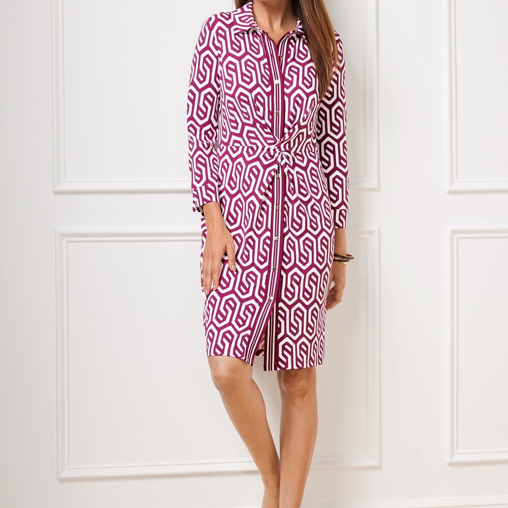 Talbots Magenta and White Geometric Shirt Dress